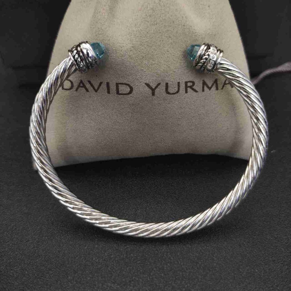 David Yurman 5mm Sterling Silver Cable Cuff Bracelet with Blue Topaz & Diamonds - Picture 4 of 7